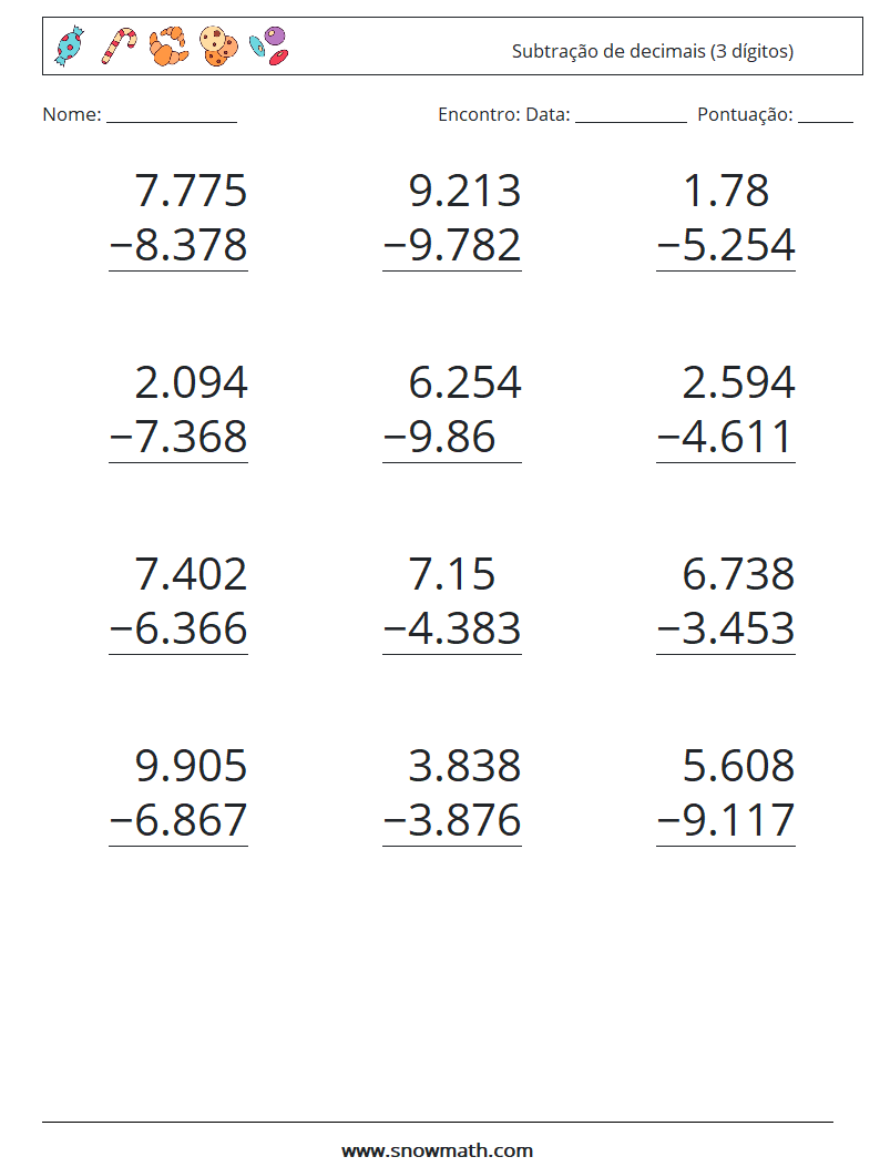 (12) Subtração de decimais (3 dígitos) planilhas matemáticas 11