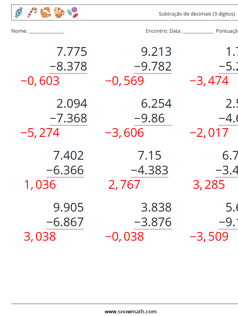 (12) Subtração de decimais (3 dígitos) planilhas matemáticas 11 Pergunta, Resposta