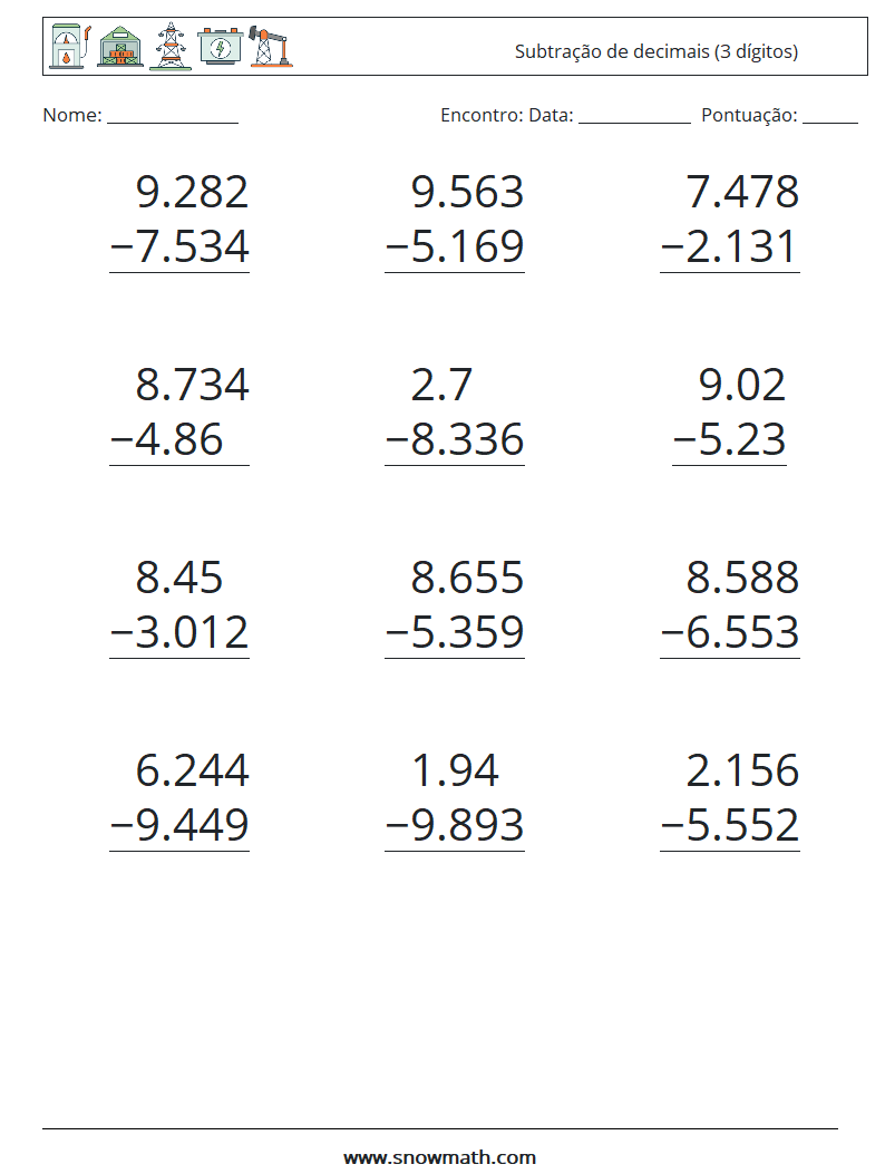 (12) Subtração de decimais (3 dígitos) planilhas matemáticas 12