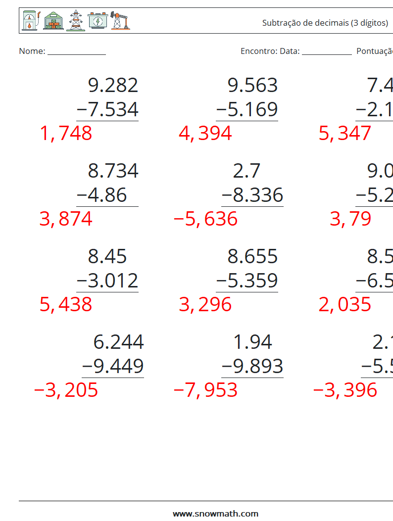 (12) Subtração de decimais (3 dígitos) planilhas matemáticas 12 Pergunta, Resposta