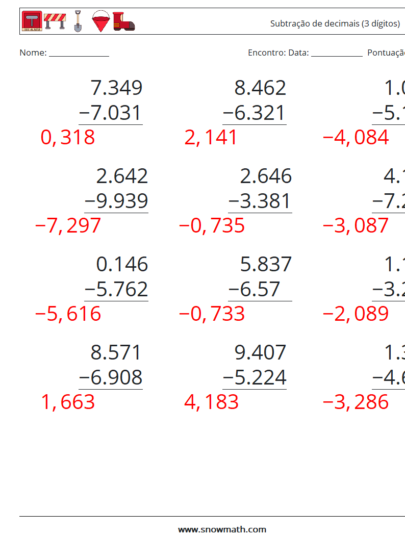 (12) Subtração de decimais (3 dígitos) planilhas matemáticas 13 Pergunta, Resposta