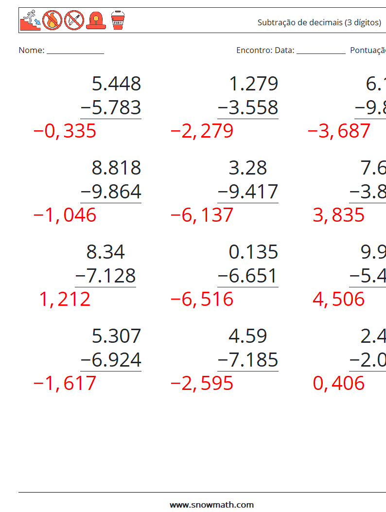 (12) Subtração de decimais (3 dígitos) planilhas matemáticas 14 Pergunta, Resposta