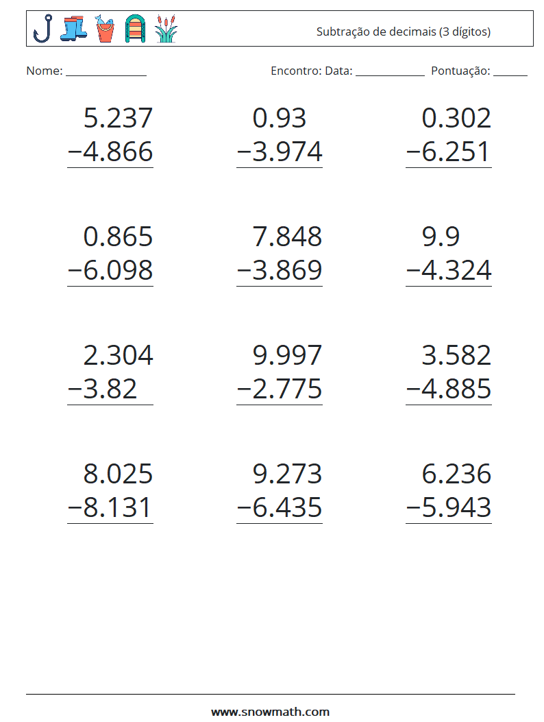 (12) Subtração de decimais (3 dígitos) planilhas matemáticas 15