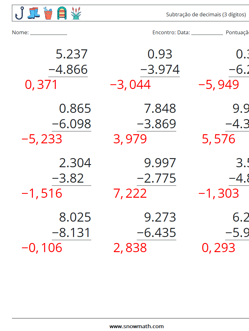 (12) Subtração de decimais (3 dígitos) planilhas matemáticas 15 Pergunta, Resposta