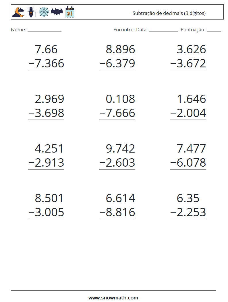 (12) Subtração de decimais (3 dígitos) planilhas matemáticas 16