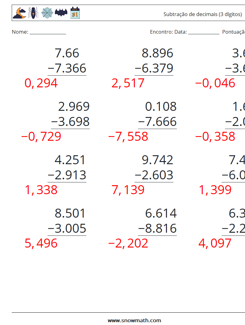 (12) Subtração de decimais (3 dígitos) planilhas matemáticas 16 Pergunta, Resposta