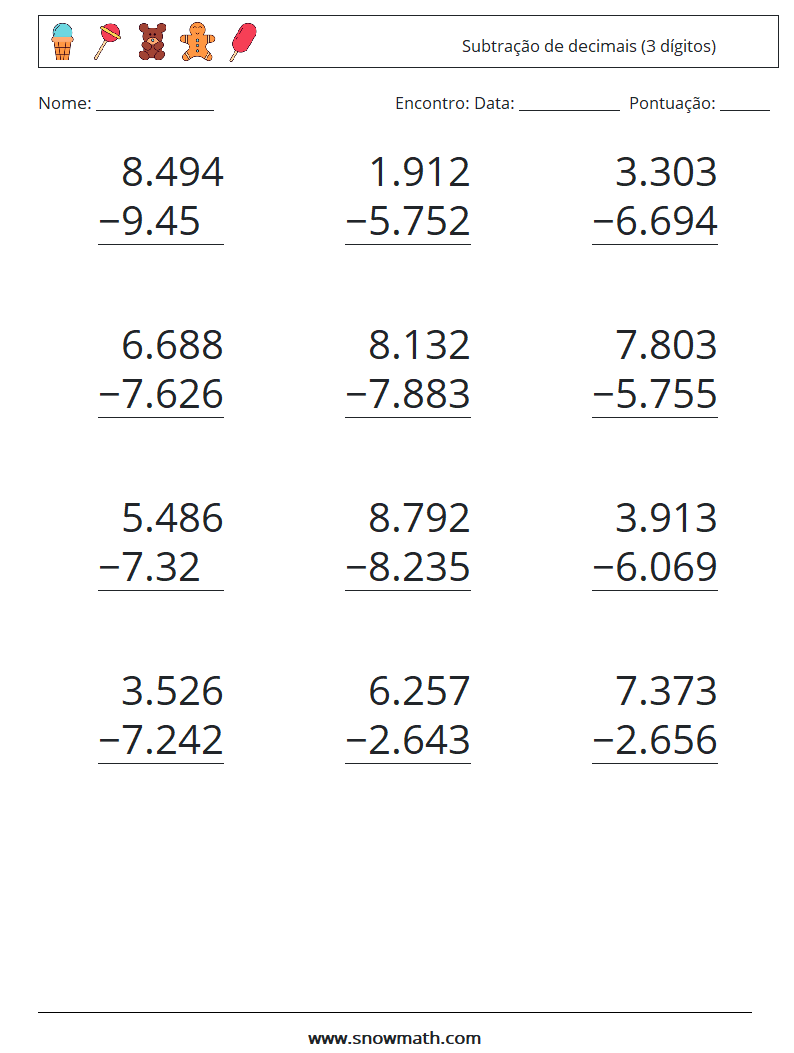 (12) Subtração de decimais (3 dígitos) planilhas matemáticas 17