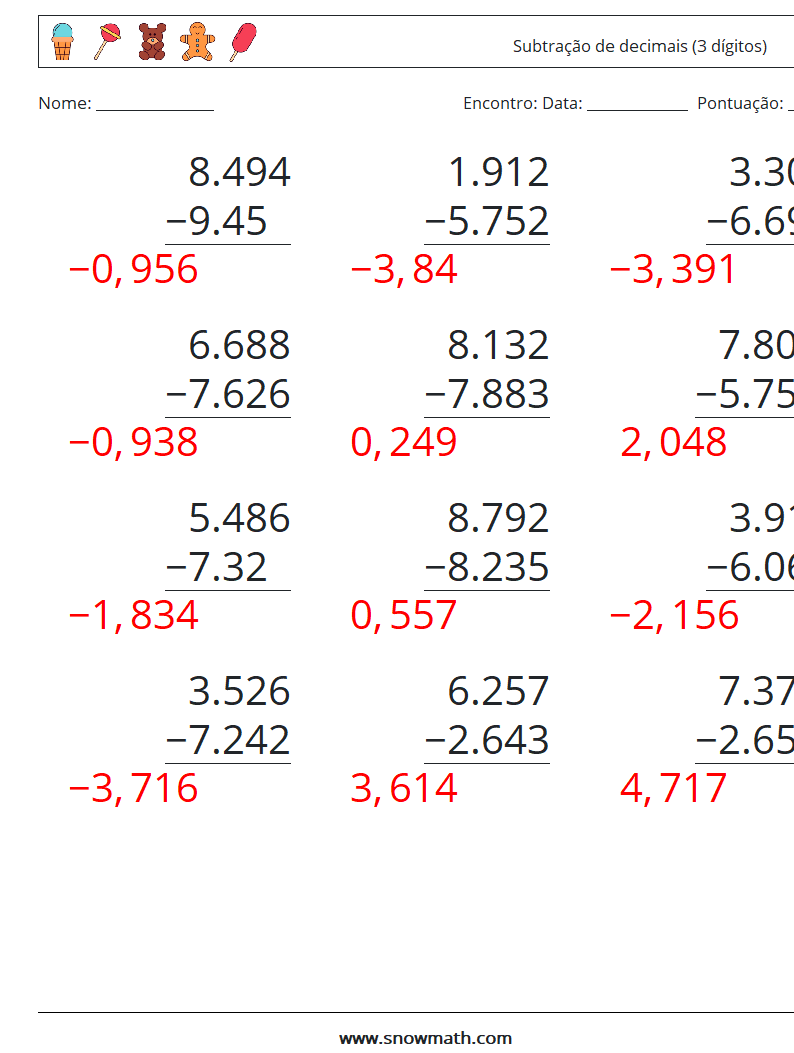 (12) Subtração de decimais (3 dígitos) planilhas matemáticas 17 Pergunta, Resposta