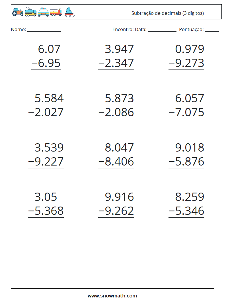 (12) Subtração de decimais (3 dígitos) planilhas matemáticas 18