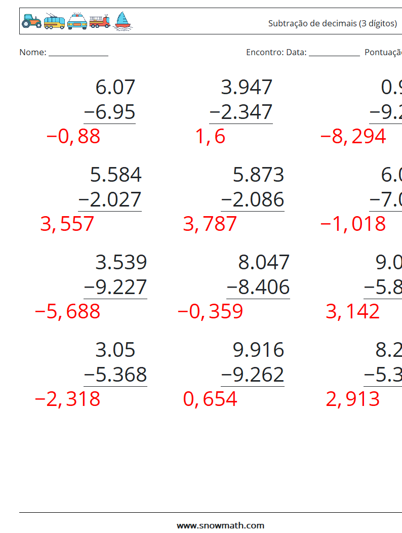 (12) Subtração de decimais (3 dígitos) planilhas matemáticas 18 Pergunta, Resposta