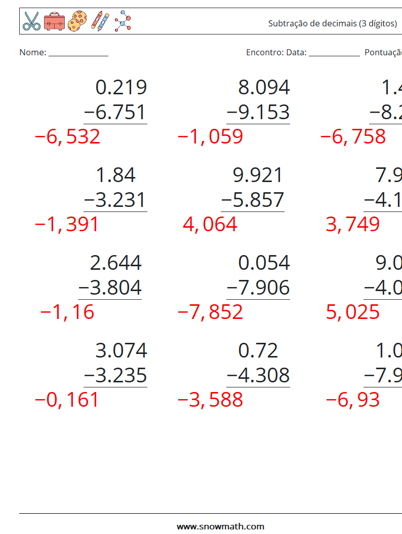 (12) Subtração de decimais (3 dígitos) planilhas matemáticas 1 Pergunta, Resposta