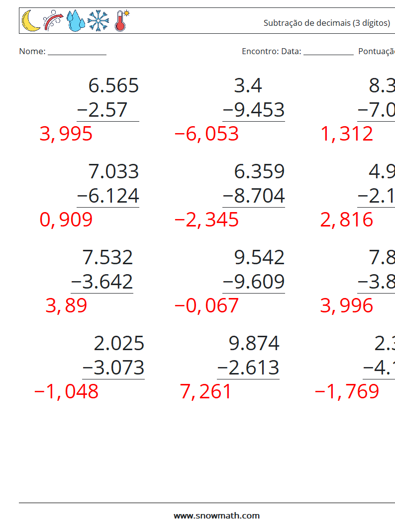 (12) Subtração de decimais (3 dígitos) planilhas matemáticas 2 Pergunta, Resposta