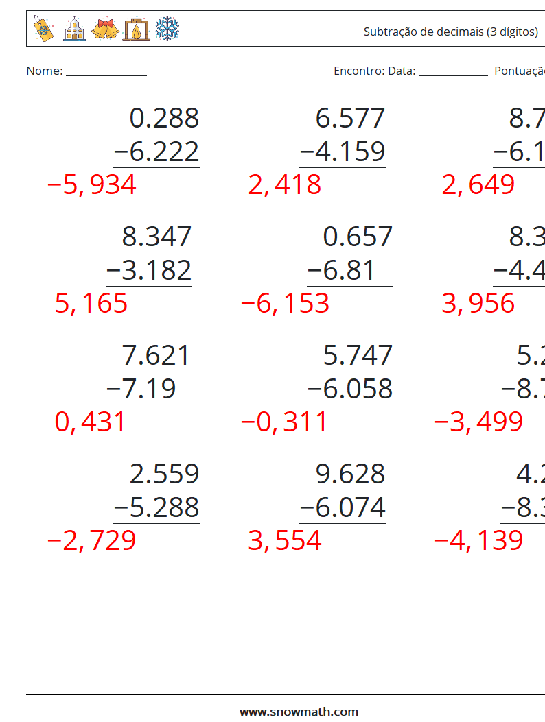 (12) Subtração de decimais (3 dígitos) planilhas matemáticas 3 Pergunta, Resposta