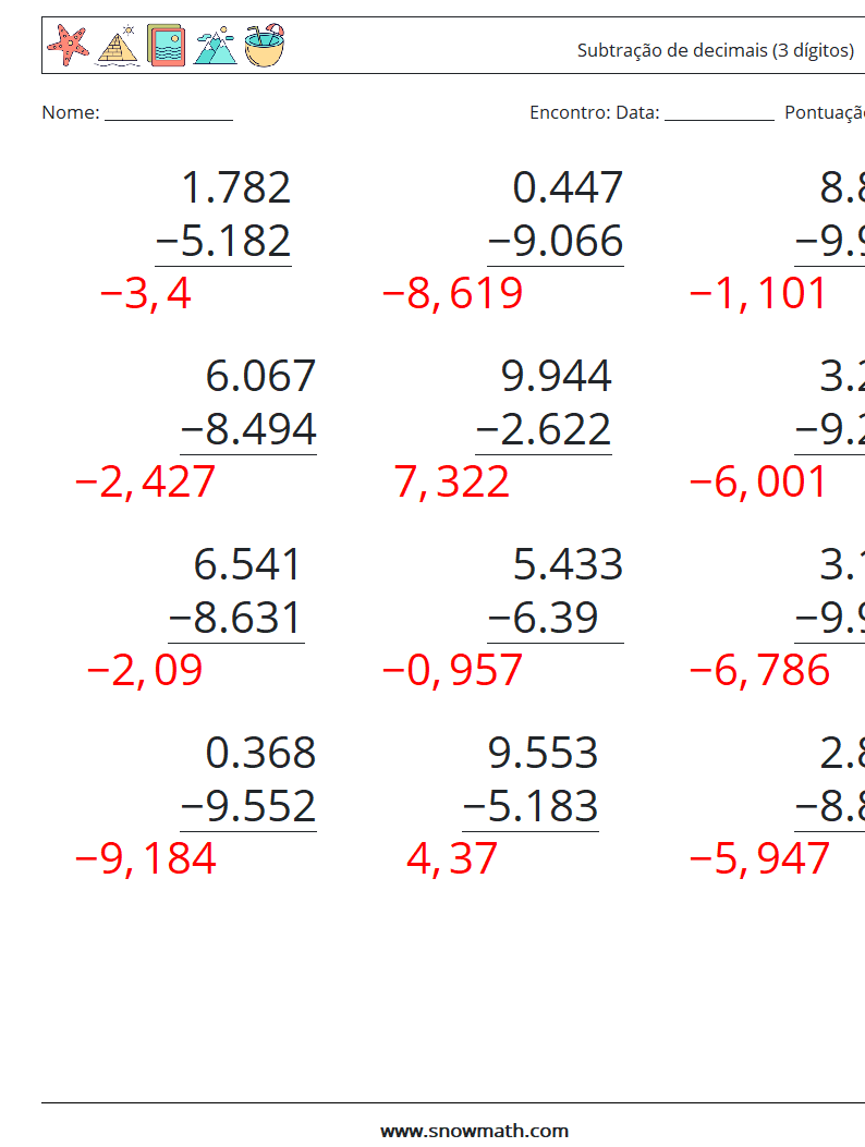 (12) Subtração de decimais (3 dígitos) planilhas matemáticas 4 Pergunta, Resposta