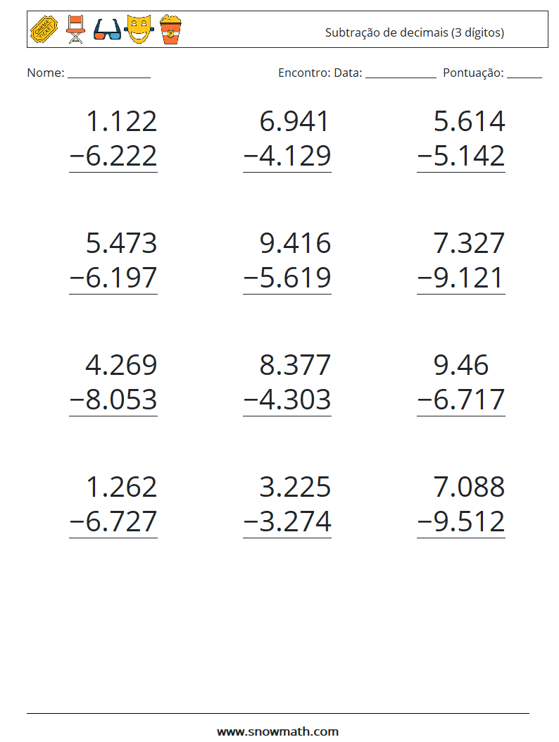 (12) Subtração de decimais (3 dígitos) planilhas matemáticas 5