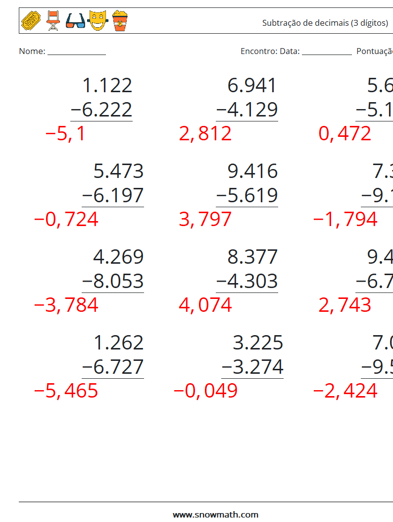 (12) Subtração de decimais (3 dígitos) planilhas matemáticas 5 Pergunta, Resposta