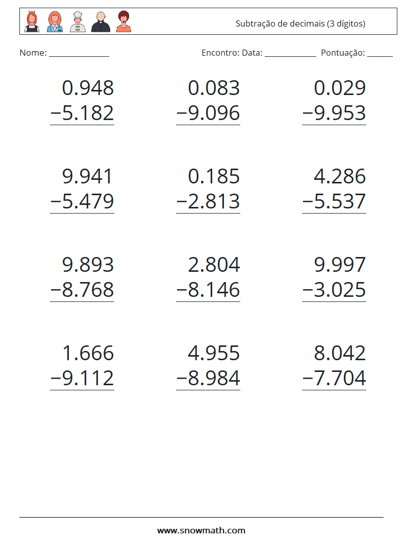 (12) Subtração de decimais (3 dígitos) planilhas matemáticas 6