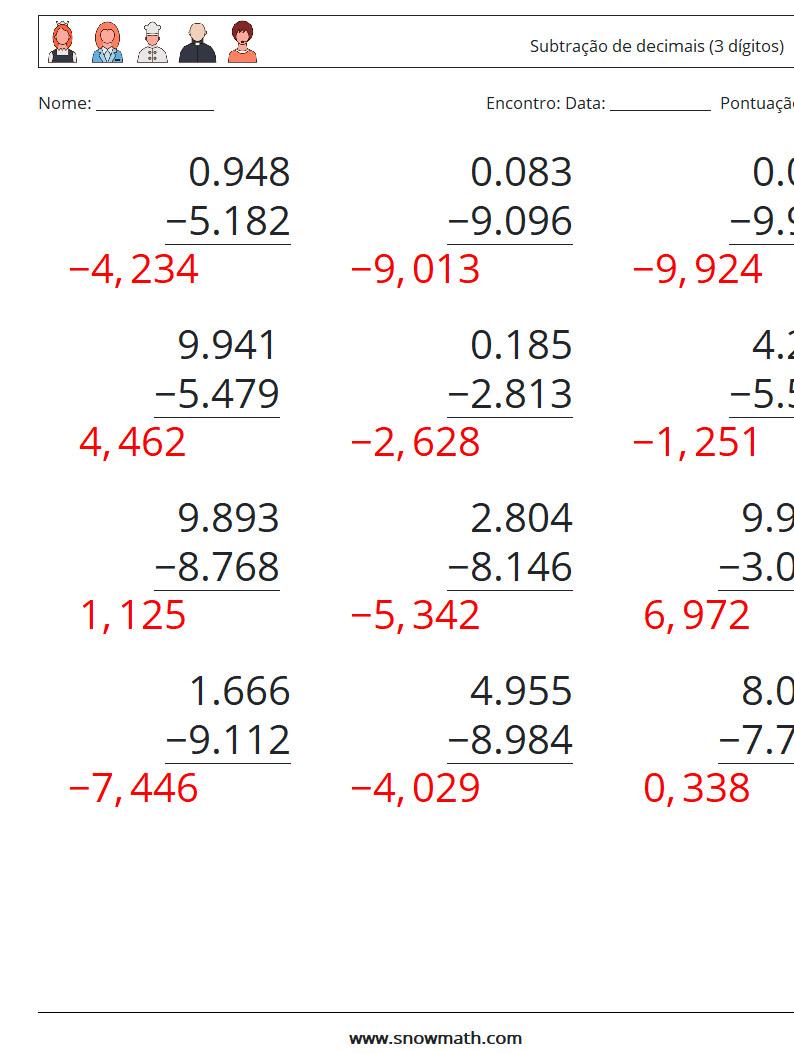 (12) Subtração de decimais (3 dígitos) planilhas matemáticas 6 Pergunta, Resposta