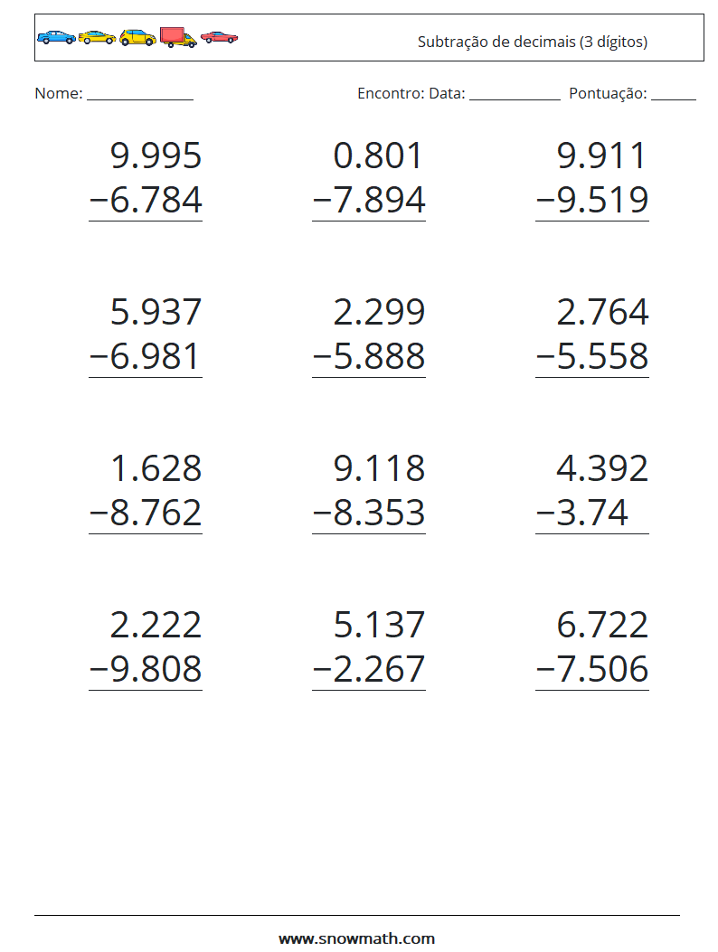 (12) Subtração de decimais (3 dígitos) planilhas matemáticas 7