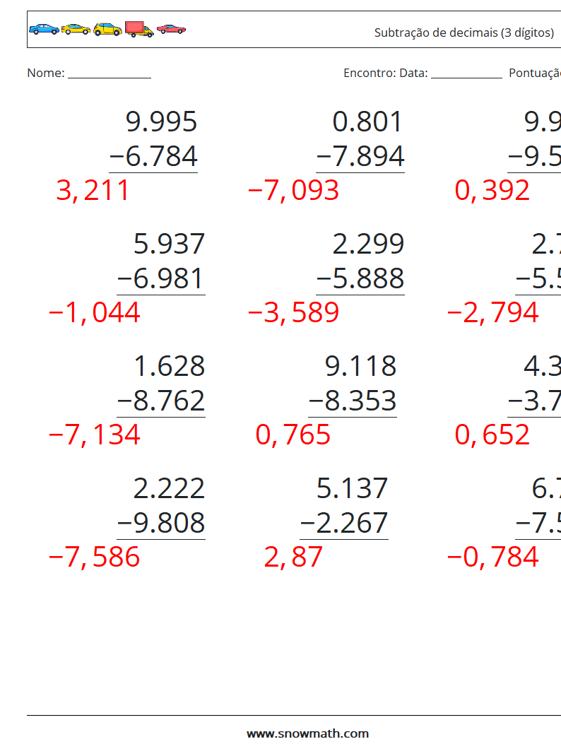 (12) Subtração de decimais (3 dígitos) planilhas matemáticas 7 Pergunta, Resposta