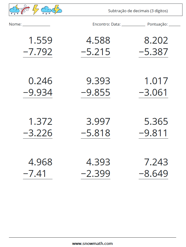 (12) Subtração de decimais (3 dígitos) planilhas matemáticas 8