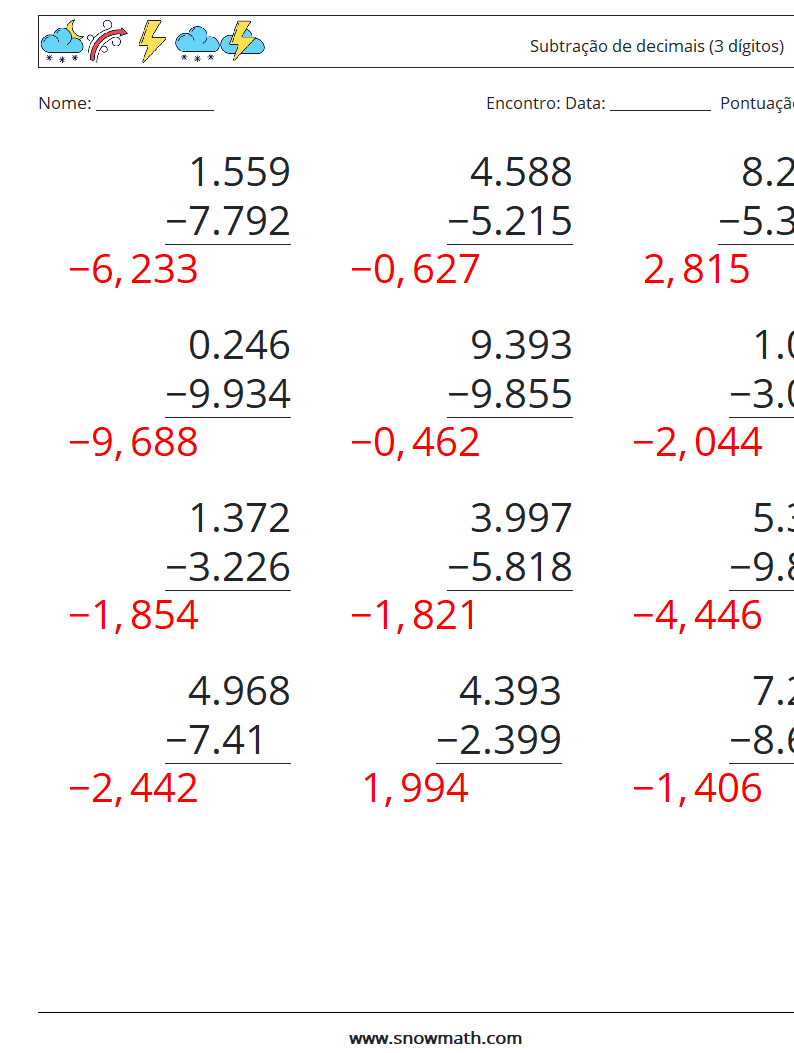 (12) Subtração de decimais (3 dígitos) planilhas matemáticas 8 Pergunta, Resposta