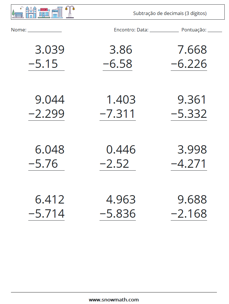 (12) Subtração de decimais (3 dígitos) planilhas matemáticas 9