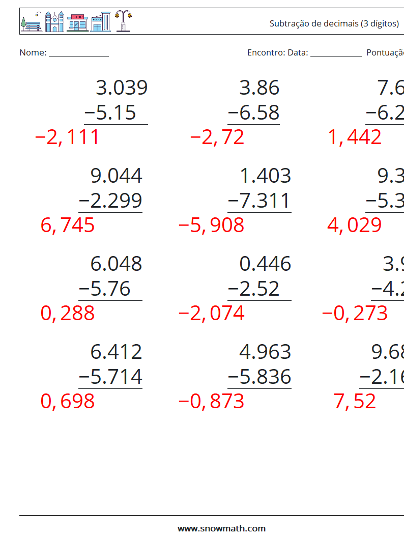 (12) Subtração de decimais (3 dígitos) planilhas matemáticas 9 Pergunta, Resposta