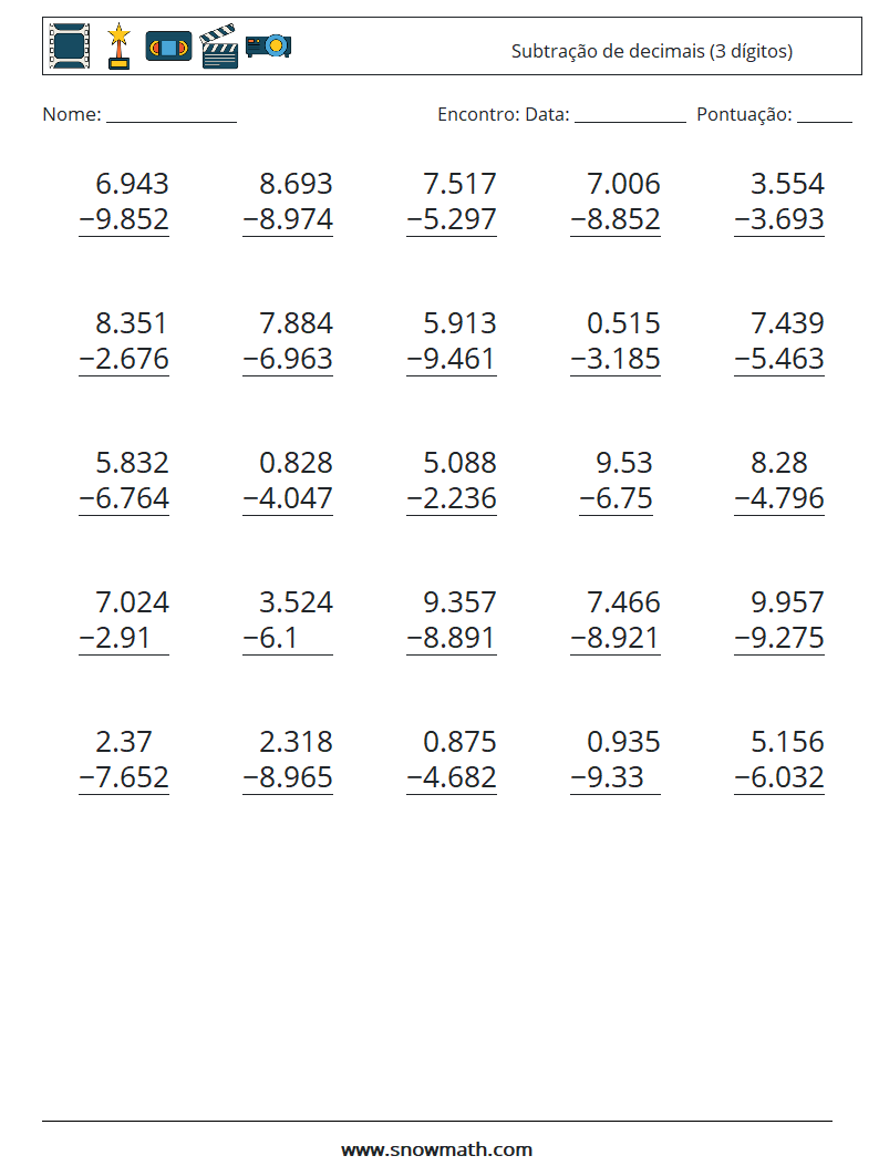 (25) Subtração de decimais (3 dígitos) planilhas matemáticas 1