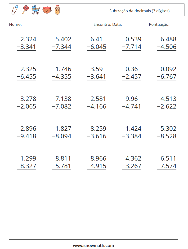 (25) Subtração de decimais (3 dígitos) planilhas matemáticas 10