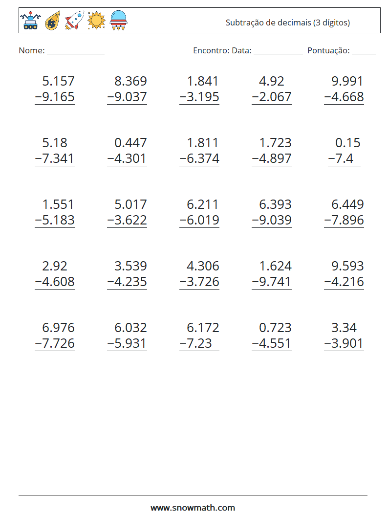 (25) Subtração de decimais (3 dígitos) planilhas matemáticas 11