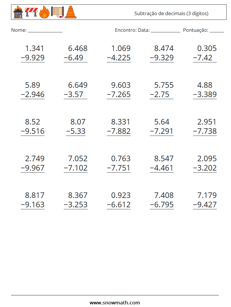 (25) Subtração de decimais (3 dígitos) planilhas matemáticas 12