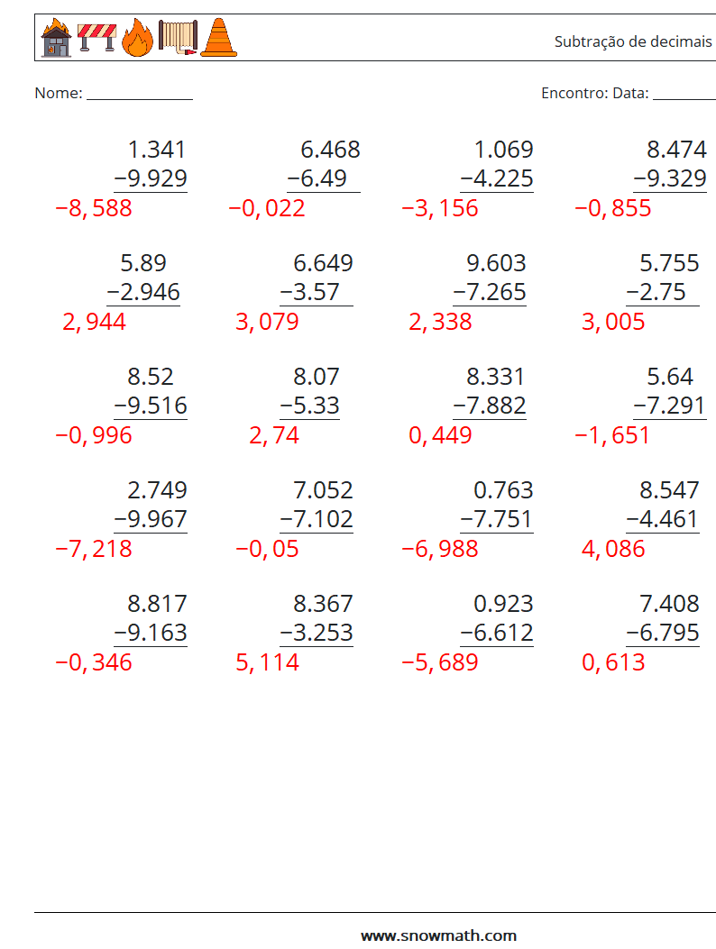 (25) Subtração de decimais (3 dígitos) planilhas matemáticas 12 Pergunta, Resposta