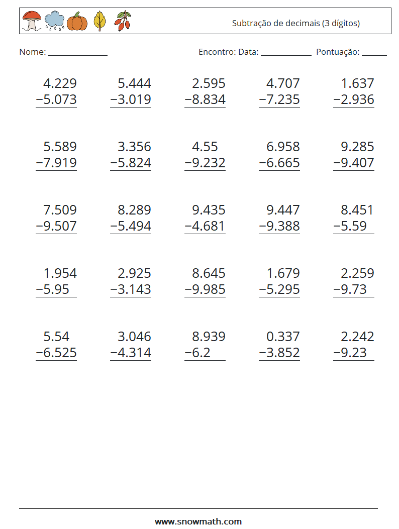 (25) Subtração de decimais (3 dígitos) planilhas matemáticas 13