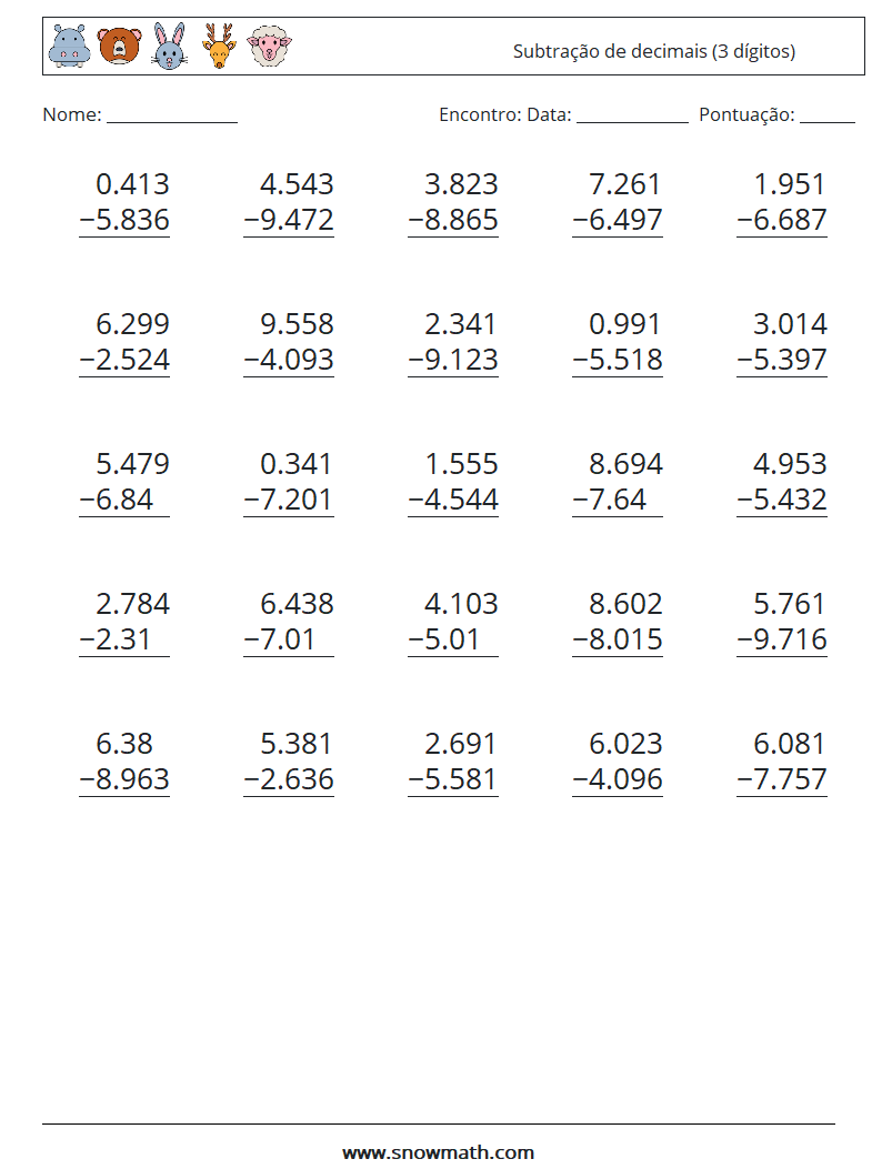 (25) Subtração de decimais (3 dígitos) planilhas matemáticas 14