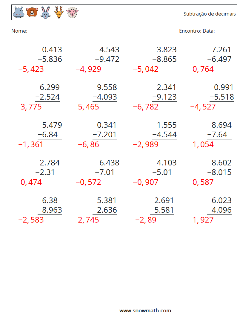 (25) Subtração de decimais (3 dígitos) planilhas matemáticas 14 Pergunta, Resposta