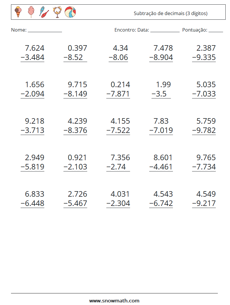 (25) Subtração de decimais (3 dígitos) planilhas matemáticas 15