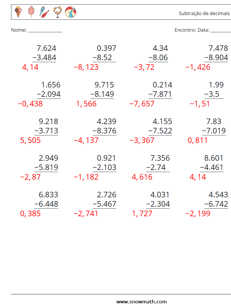 (25) Subtração de decimais (3 dígitos) planilhas matemáticas 15 Pergunta, Resposta