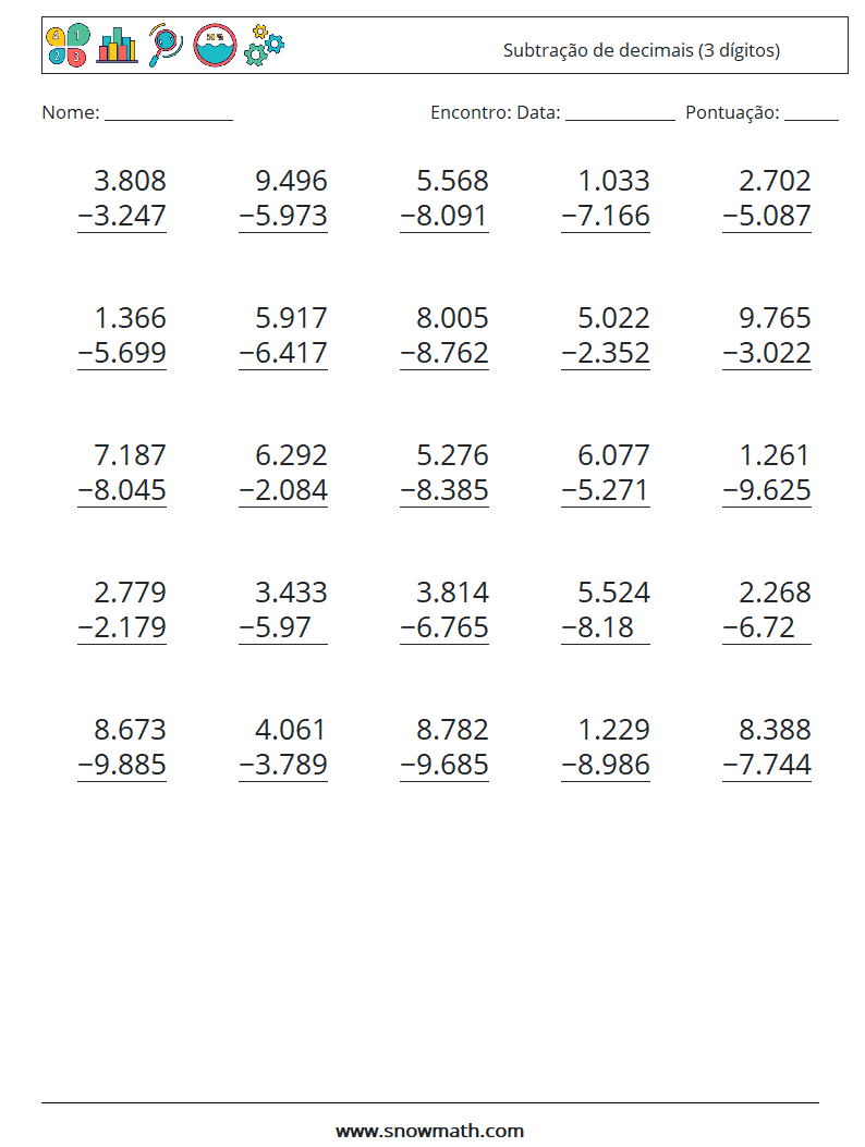 (25) Subtração de decimais (3 dígitos) planilhas matemáticas 16