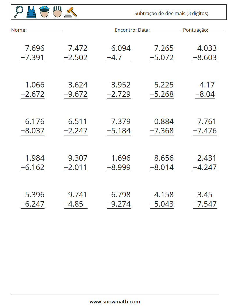 (25) Subtração de decimais (3 dígitos) planilhas matemáticas 17