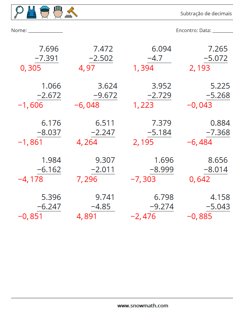 (25) Subtração de decimais (3 dígitos) planilhas matemáticas 17 Pergunta, Resposta