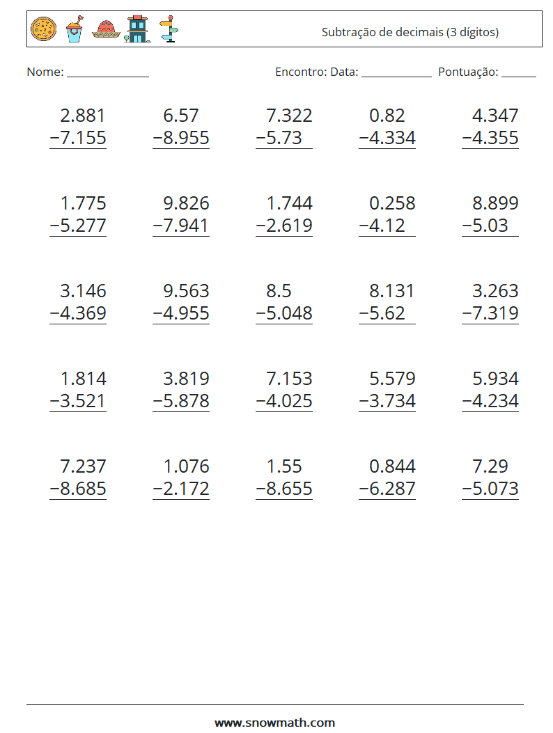 (25) Subtração de decimais (3 dígitos) planilhas matemáticas 18