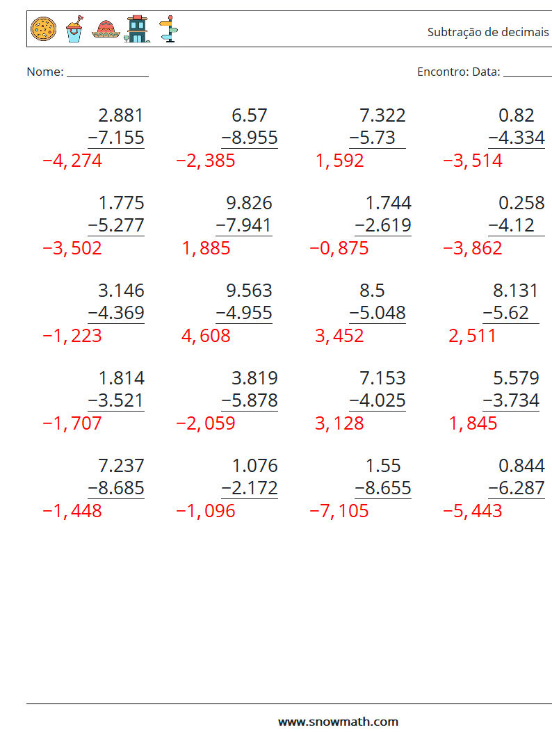 (25) Subtração de decimais (3 dígitos) planilhas matemáticas 18 Pergunta, Resposta