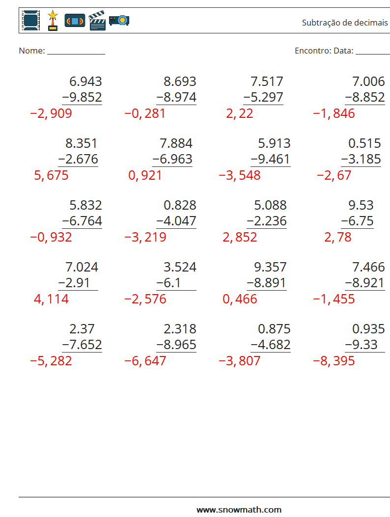 (25) Subtração de decimais (3 dígitos) planilhas matemáticas 1 Pergunta, Resposta