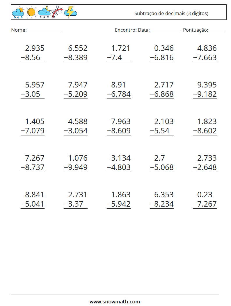 (25) Subtração de decimais (3 dígitos) planilhas matemáticas 2