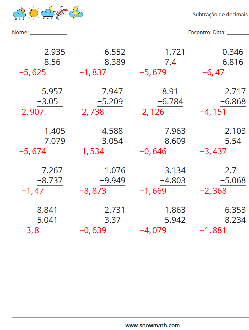 (25) Subtração de decimais (3 dígitos) planilhas matemáticas 2 Pergunta, Resposta