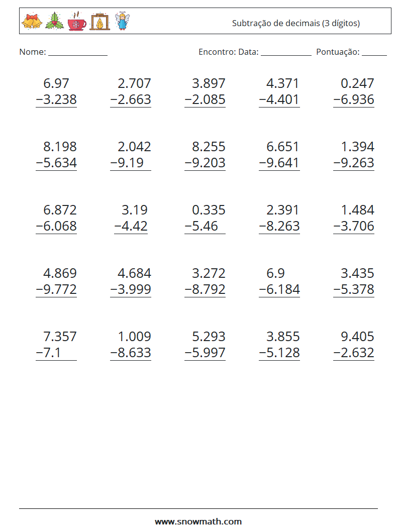 (25) Subtração de decimais (3 dígitos) planilhas matemáticas 3