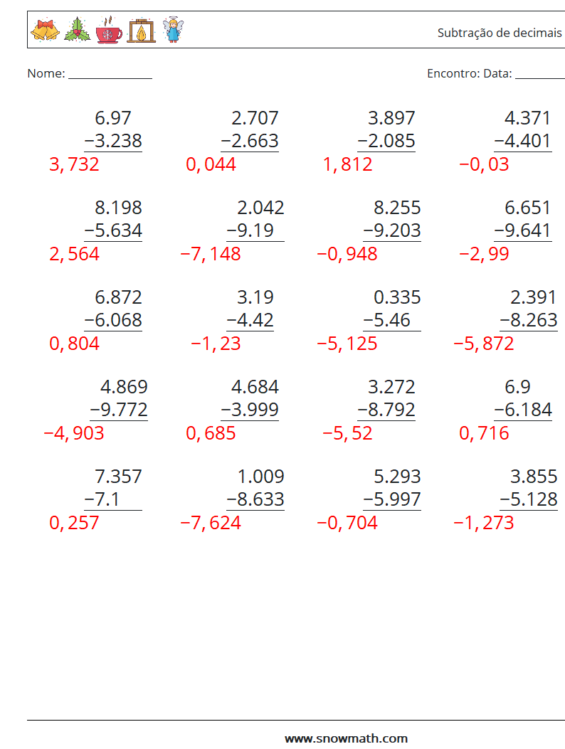 (25) Subtração de decimais (3 dígitos) planilhas matemáticas 3 Pergunta, Resposta