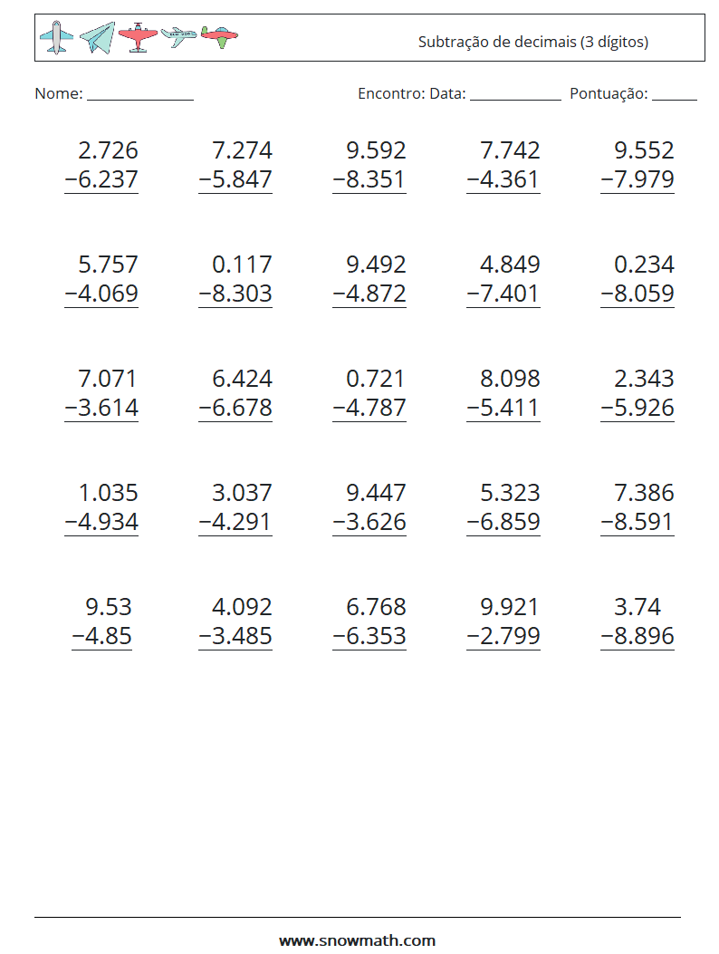 (25) Subtração de decimais (3 dígitos) planilhas matemáticas 4