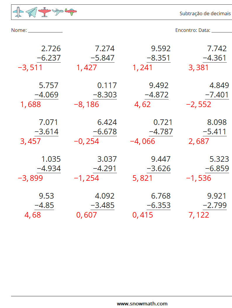 (25) Subtração de decimais (3 dígitos) planilhas matemáticas 4 Pergunta, Resposta